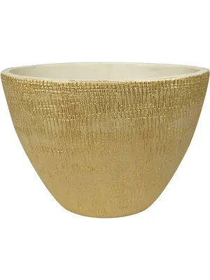 A beige and gold textured planter pot on a white background.