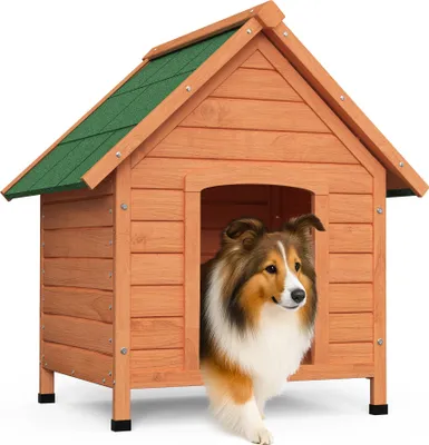 Produktbild von VOUNOT® Hundehütte Outdoor aus Holz, mit Bitumendach, abnehmbarem Boden, rutschfest, Naturfarben
