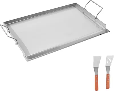 Obrázek produktu pro Grilovací deska SucceBuy z nerezové oceli s obdélníkovým tvarem (585 x 365 mm), s rovným povrchem pro všestranné grilování, vhodná pro BBQ, teppanyaki a přenosné vaření, vybavená praktickými držadly