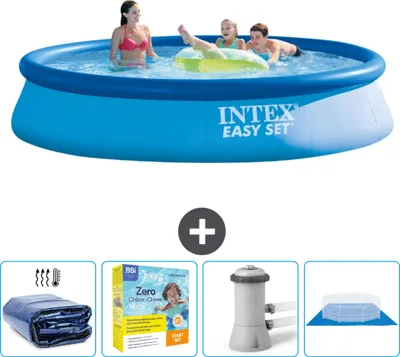 Produktbild von Intex runder aufblasbarer Easy Set-Pool – 396 x 84 cm – Blau – im Lieferumfang enthalten Sonnensegel - Wartungspaket - Filterpumpe für Schwimmbad - Bodenplane