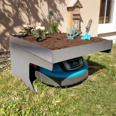 Obrázek produktu pro Garáž pro robotickou sekačku se sázecím boxem HWC-G60, střešní přístřešek pro sekačku, kov 37x60x70cm  nerezová ocel