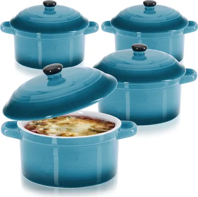 Produktbild von com-four® 4x Auflaufform mit Deckel aus Keramik - Dessertschale für Crème Brûlée - Mini-Schmortopf für Ragout fin und Würzfleisch - blau, ca. 250/175 ml je Form