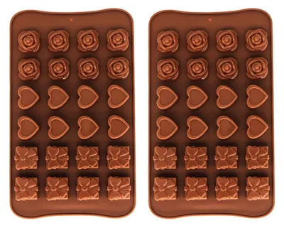 Productafbeelding van 2 stuks siliconen chocoladevorm met 24 holtes, geschikt voor het maken van pralines, koekjes, snoepjes en ijsblokjes. BPA-vrij