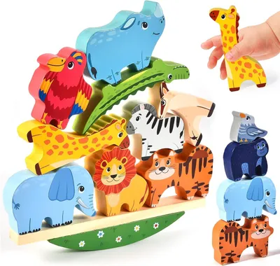 Produktbild von Holzspielzeug mit Tierfiguren zum Stapeln – Bauklötze zum Stapeln – Montessori-Spielzeug – Fördert die Feinmotorik – Pädagogisches Gleichgewichtsspielzeug