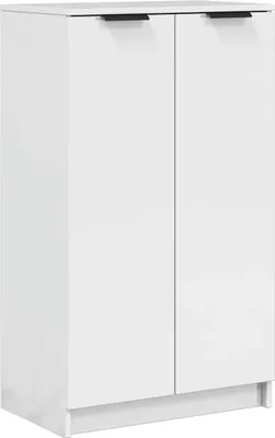 A white shoe cabinet with two doors and black handles, shown from a three-quarter angle.