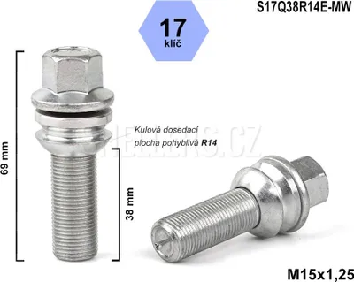 Obrázok produktu pre Skrutka M15x1,25x38 s guľôčkovou skrutkou R14, s pohyblivým čelom, kľúč 17, S17Q38R14E-MW, výška 69 mm