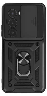 A black phone case with a camera cover and a ring holder.