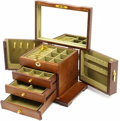 Image de Coffret à bijoux, boîte à bijoux, coffret de rangement à 4 étages pour bijoux   avec miroir   coffret cadeau, organiseur pour bijoux