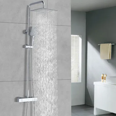 Produktbild von Duschsystem mit Thermostat, Edelstahl Komplettset, 25cm Regenduschkopf, 3-Funktions Handbrause, höhenverstellbare Duschstange 100-120cm, Chrom