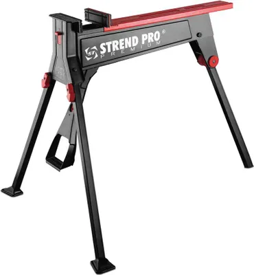 A black and red Strend Pro Premium WB955 workbench stand is shown against a white background.