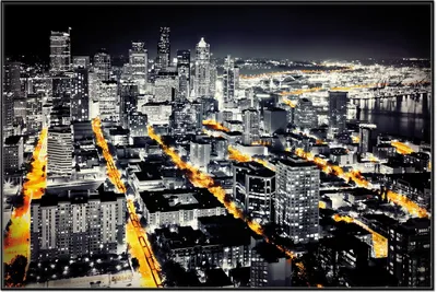 Produktbild von Wallario Wandbild Großstadt bei Nacht - Seattle in schwarz weiß gelb, Größe: 61 x 91,50 cm, Poster mit schwarzem Aluminiumrahmen