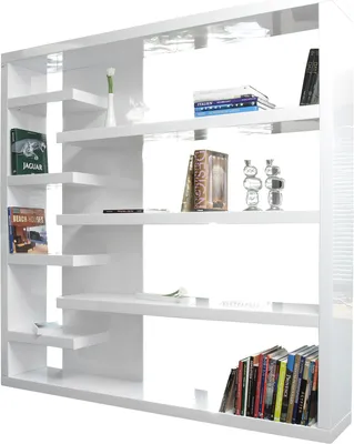 A white, modern, multi-shelf room divider is shown against a white background.
