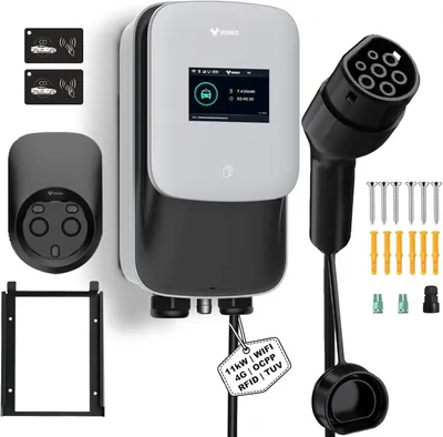 Image de Borne de recharge murale triphasée de 11 kW, avec câble de 5 mètres, lecteur RFID, Wi-Fi et contrôle via application, pour véhicules électriques