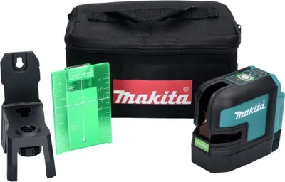 A Makita laser level kit with accessories and a carrying bag, displayed on a white background.