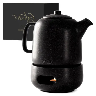 Produktbild von Teekanne mit Stövchen (1,3L) – Siebeinsatz aus rostfreiem 304 Edelstahl – Keramik mit einzigartiger Glasur, schwarz