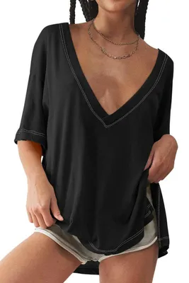 Produktbild von Oversized Damen-T-Shirt, tiefer V-Ausschnitt, lockere Passform, Seitenschlitze