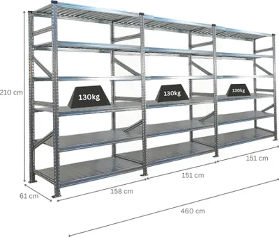 Produktbild von Fachbodenregal PROXIMO mit  Stecksystem | Komplettregal | HxBxT 210x450x60cm | 6 Ebenen | Beidseitig nutzbar | Verzinkt