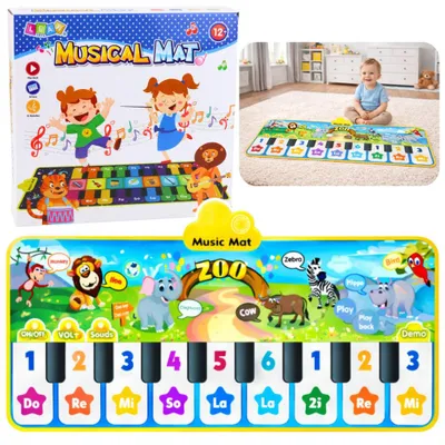Obrázok produktu pre Interaktívna tanečná podložka s motívmi klavíra a zvieratami zo zoo, 10 melódií, 126 cm