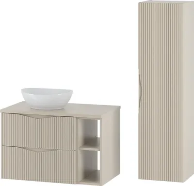 A two-piece bathroom furniture set, including a vanity unit with a sink and a tall cabinet, displayed against a white background.