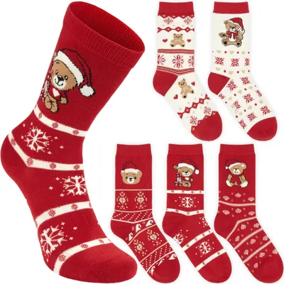 Immagine prodotto di BRUBAKER Set di calze natalizie da donna 36-41 - Orsacchiotto e fiocchi di neve - Calze invernali in cotone rosso bianco