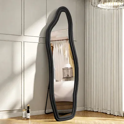 Zdjęcie produktu dla UnboxG Generic Full Body Mirror 160x50cm Lustro stojące, duże zakrzywione lustro podłogowe, lustro ścienne z drewnianą ramą owiniętą flanelą, wiszące / uchylne, półokrągłe faliste lustro do sypialni (czarne)