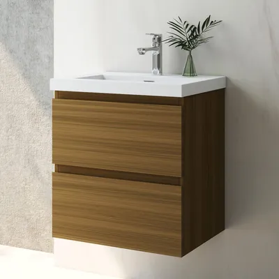 Produktbild von Waschtisch mit Unterschrank 50cm Alast Badmöbel Set Walnussbraun Rechteckiges Waschbecken mit Unterschrank Softclose