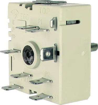 A close-up studio shot of a white rotary switch with metal contacts.