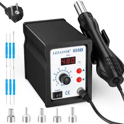 Obrázok produktu pre Stanica na pájku s horúcim vzduchom - Digitálny LED displej - 100–480 °C - 8 úrovní prúdu vzduchu - 5 trysiek - Na dopájanie a opravu SMD komponentov - Čierna