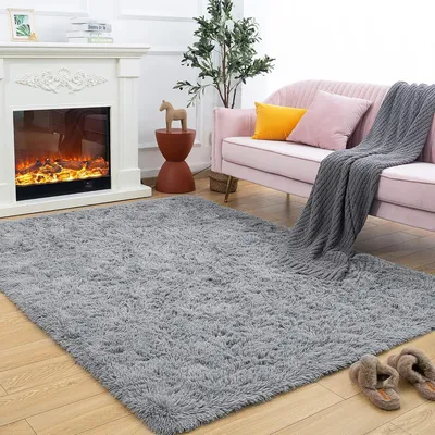 Productafbeelding van Hoogpolig tapijt, superzacht, shaggy, pluizig, vloerkleed, geschikt voor de slaapkamer of kinderkamer, grijs, 80 x 150 cm
