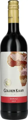 A bottle of Golden Kaan Shiraz wine against a white background.