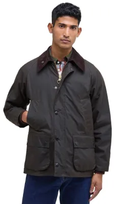 Produktbild von Barbour Bedale Waxjacke grün mit Reißverschluss und Knöpfen, wasserdicht beschichtet