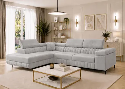 Produktbild von Letano Milano Ecksofa mit Schlaffunktion und Bettkasten, Wohnlandschaft L-Form, Couch Velours fleckgeschützt, MONOLITH 84, Hellgrau