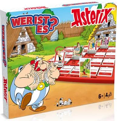The image shows the packaging of the board game "Wer ist es? - Asterix". It features cartoon characters from the Asterix series and depicts the game board with character cards.