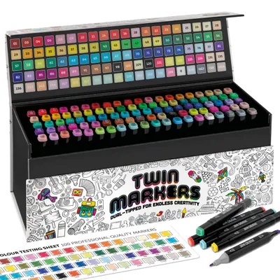 Produktbild von Joya Creative Twinmarkers Set 100 Stück – Alkoholmarker für Erwachsene und Kinder – Dual-Tip Stifte – Feine und Breite Spitze – r Aufbewahrungskoffer