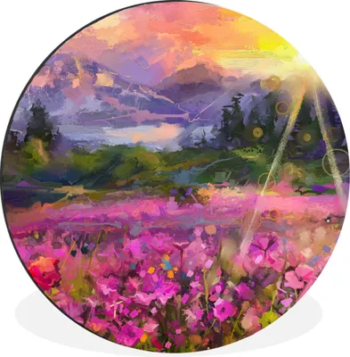 Produktbild von MuchoWow® Aluminium Wandkreis Gemälde - Ölfarbe - Blumen - Natur - Sonne Ø 30 cm Wanddeko Modern Wohnzimmer - Wand Bild - Wohnzimmer - Runde Bilder - Alubilder - Kunst für zu Hause - Aluminium - Wanddekoration