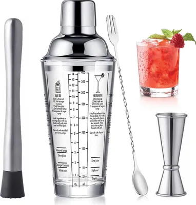 Produktbild von Barkeeper Zubehör Edelstahl,Glas Cocktailshaker mit Skala, Sieb und Werkzeug Set,4 teiliges Cocktail Shaker für Zuhause und Bar