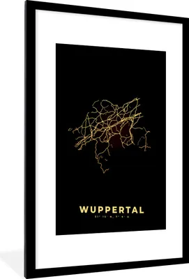 Produktbild von MuchoWow® Gerahmtes Poster Karte - Wuppertal - Gold - Stadtplan 60x90 cm - Poster mit Schwarzem Bilderrahmen Wandposter Rahmen Foto Bilder - Dekoration - Wandposter Wohnzimmer - Hochwertig