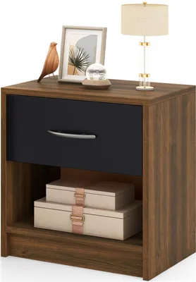 Produktbild von KOMFOTTEU Nachttisch mit Schublade und offenem Regal, moderner Beistelltisch für Wohnzimmer, Arbeitszimmer, 38,5 x 28 x 40,5 cm (Braun + Schwarz)