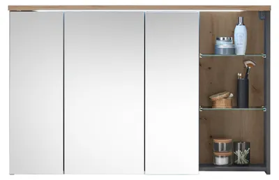 Produktbild von Spiegelschrank MEMPHIS mit LED-Beleuchtung, Soft-Close, 3 Türen und 6 Einlegeböden in Grau Artisan Eiche