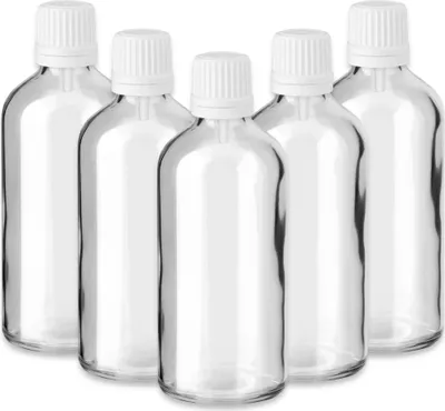 Produktbild von 5x Klare Glasflasche 100 ml mit weißem Tropfeinsatz Tropfflasche DIN18