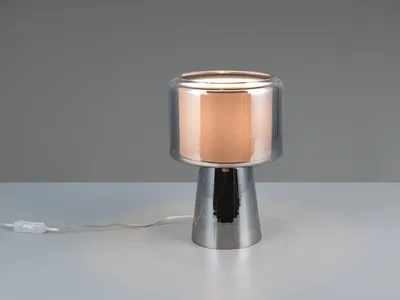 Produktbild von Ausgefallene LED Tischlampe mit Glasfuß Silber Chrom Stoffschirm Nachttischlampe