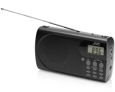 A black JVC portable radio with an extended antenna, shown against a white background.
