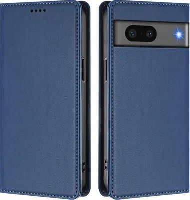 Image de Étui en cuir pour Google Pixel 7, étui à rabat magnétique en cuirPolyuréthaneavec support, bleu foncé