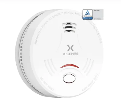 A white X-Sense smoke detector is shown against a white background.