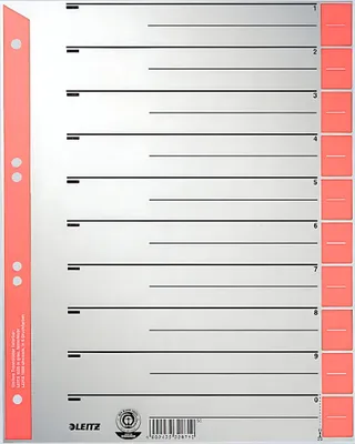 Image de Leitz 1652-00-25 1652 Intercalaires - A4 grande largeur, rouge, bord perforé couleur, 100 pièces