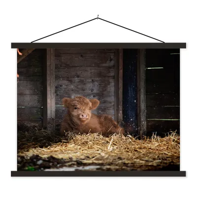 Produktbild von MuchoWow® Textilposter Schottischer Highlander - Bauernhof - Stroh 120x90 cm mit schwarzem Rahmen - Aufhänger für Poster