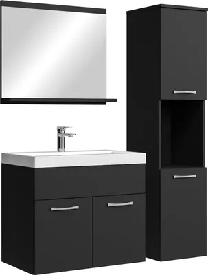 A black bathroom vanity set with a sink, mirror, and a tall cabinet.