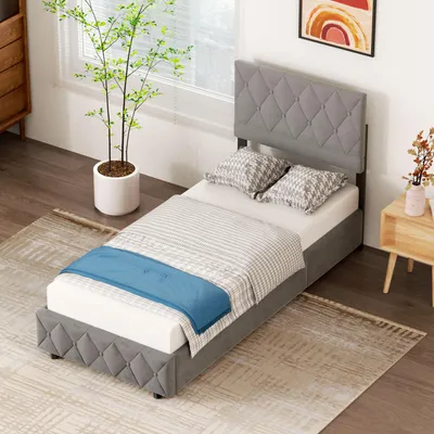 Produktbild von okwish Boxspringbett Polsterbett 90 x 190 cm mit Kopfteil in Knopfnahtverzierung, Hydraulisches Stauraumbett mit Bettkasten Stauraum, Einzelbett Jugendbett mit Lattenrost aus holz und Metallrahmen(Ohne Matratze)- Hellgrau