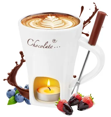 Produktbild von Schokoladenfondue Fondue-Tasse Schokofondue-Set - Keramik - Mit Gabeln - Teelicht beheizt - Für Familienabende und Picknicks