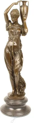 Produktbild von Casa Padrino Jugendstil Bronzefigur Frau mit Urne Bronze / Grau 21,5 x 21,5 x H. 74,5 cm - Elegante Dekofigur mit Marmorsockel